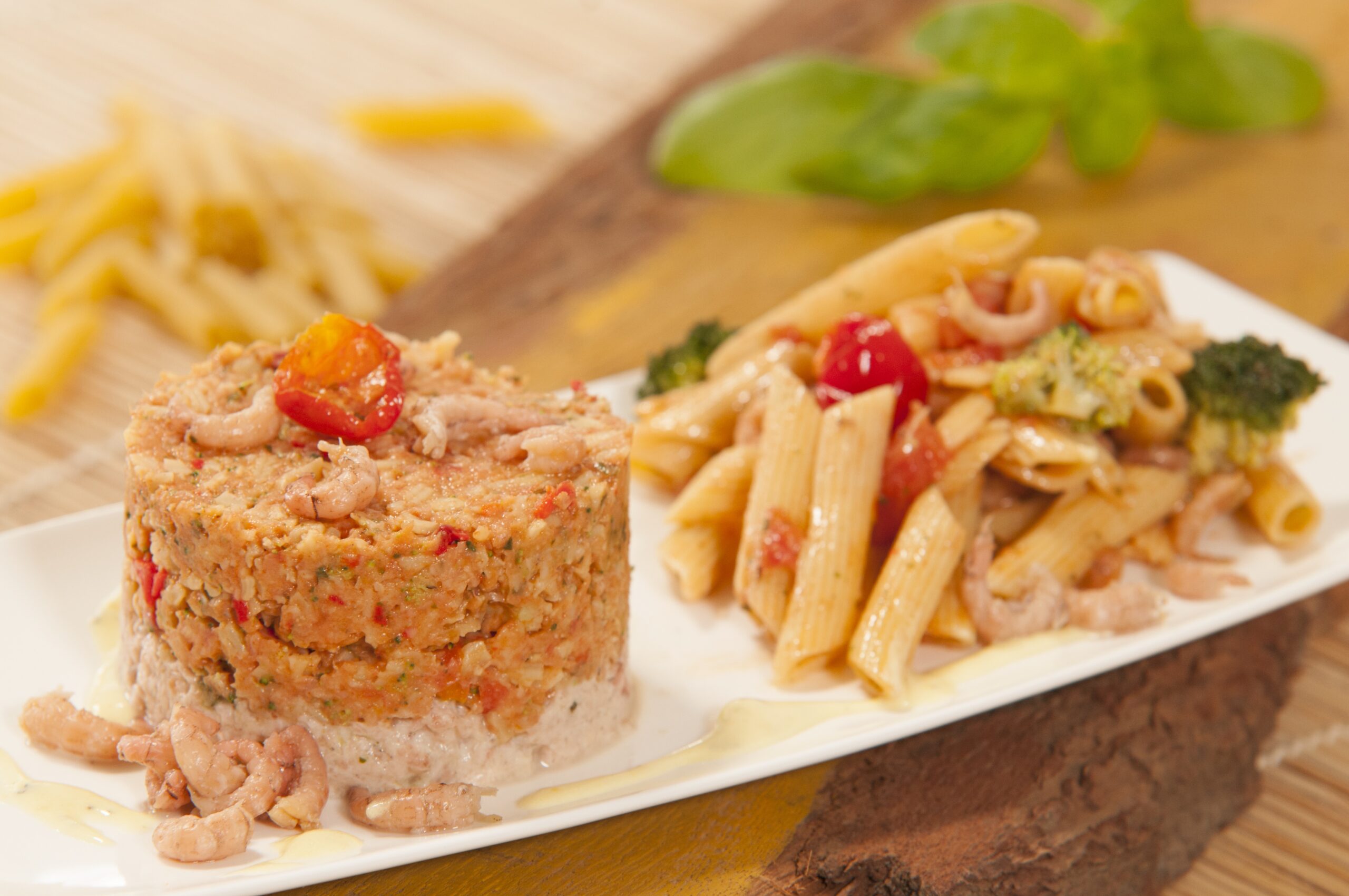 Timbale of pasta and shrimp lead