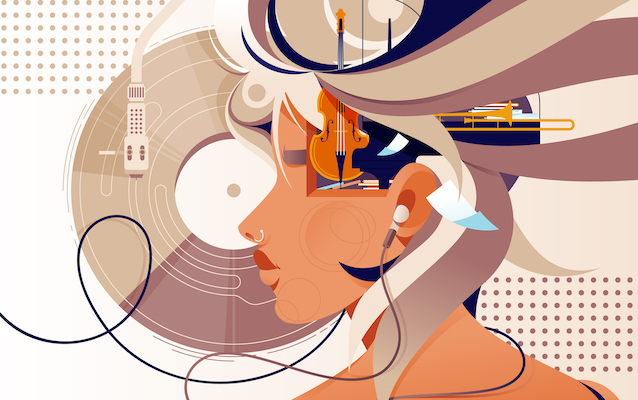 illustration of a woman listening to music through headphones.