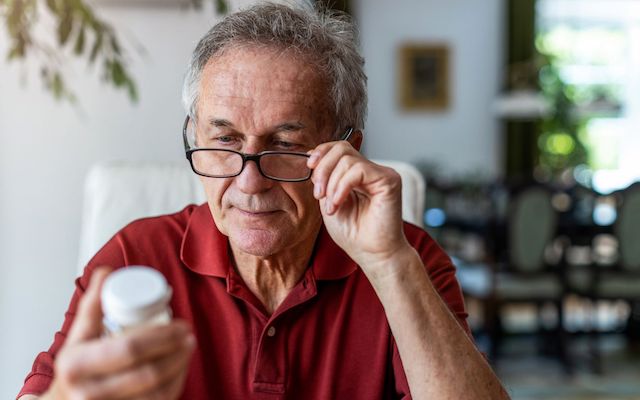 A man wearing glasses examines a pill bottle