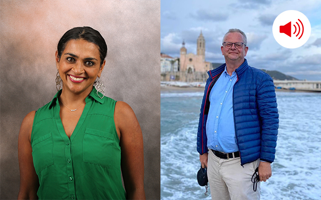 Indu Subramanian and Wytze Russchen pose for photos in a composite image.