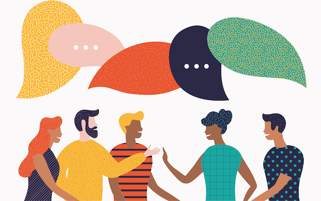 An illustration of a group of people with speech bubbles.