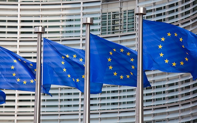 European flags in front of the Berlaymont building, headquarters of the European commission in Brussels.