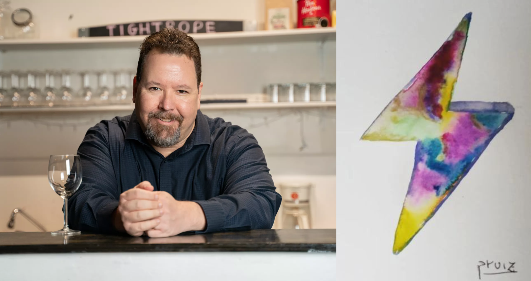 A photo of PD Avengers founder Larry Gifford sat in a bar and a rainbow tie-die winning entry into the SparkArt competition