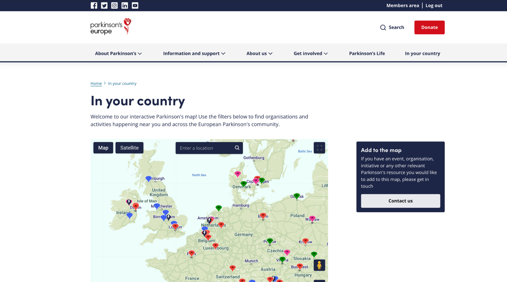 A screenshot of the new Parkinson's Europe website showing the navigation bar and the interactive map