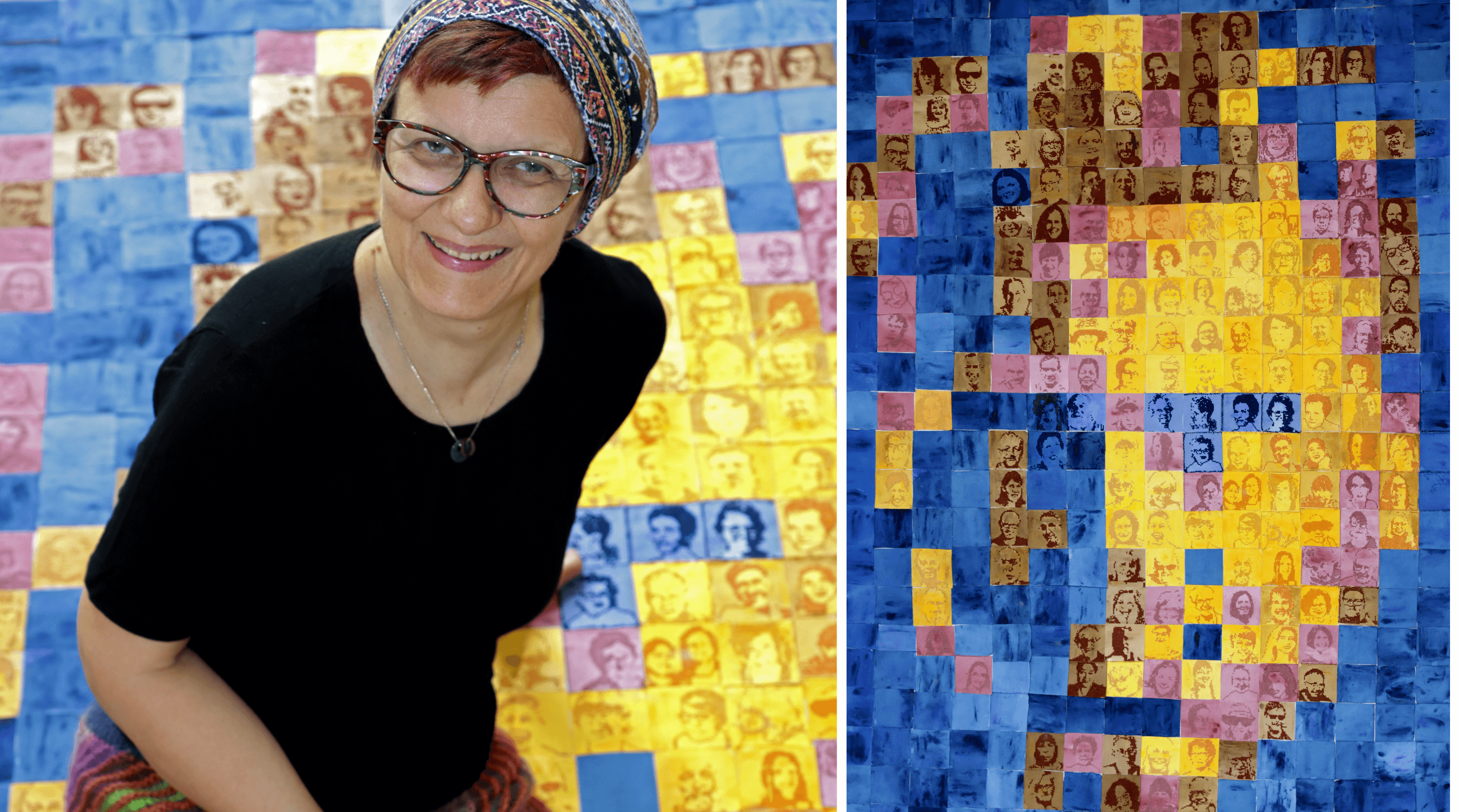 Germany artist May Evers with her finished Parkinson's quilt