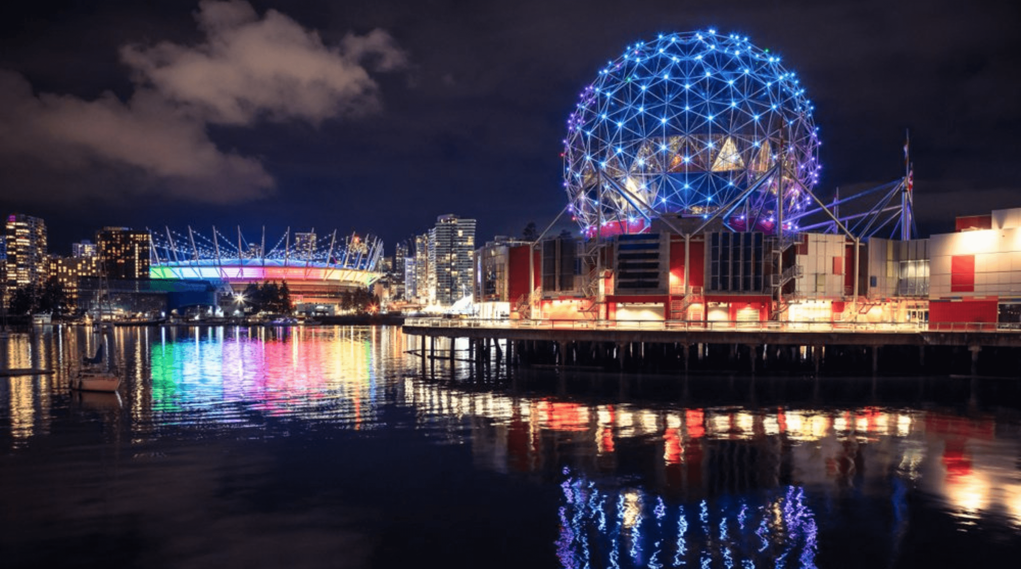An image of Science World Vancouver lit up blue for World Parkinson's Day
