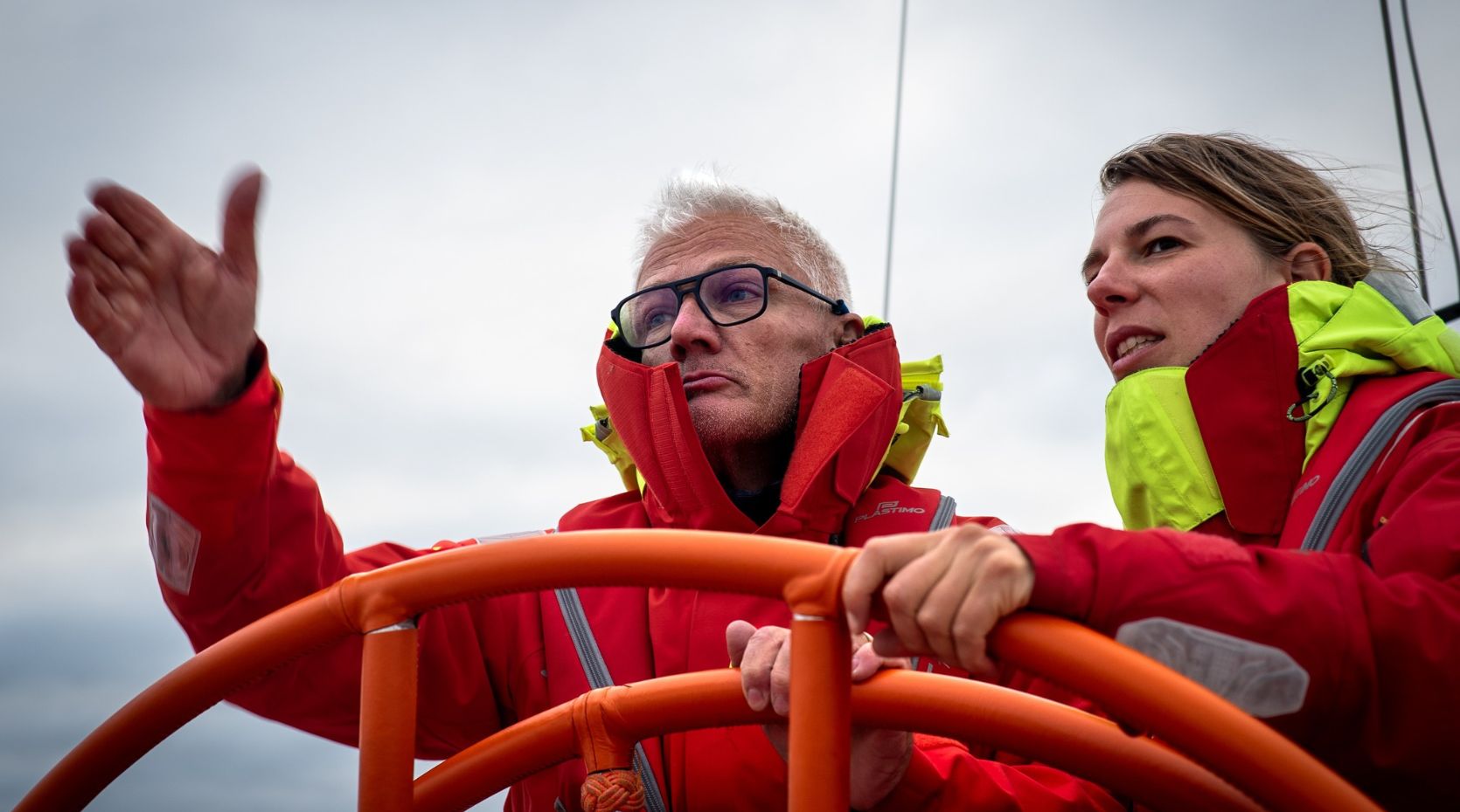 Bertrand Delhom aboard and at the wheel of the Neptune during the Ocean Globe Race