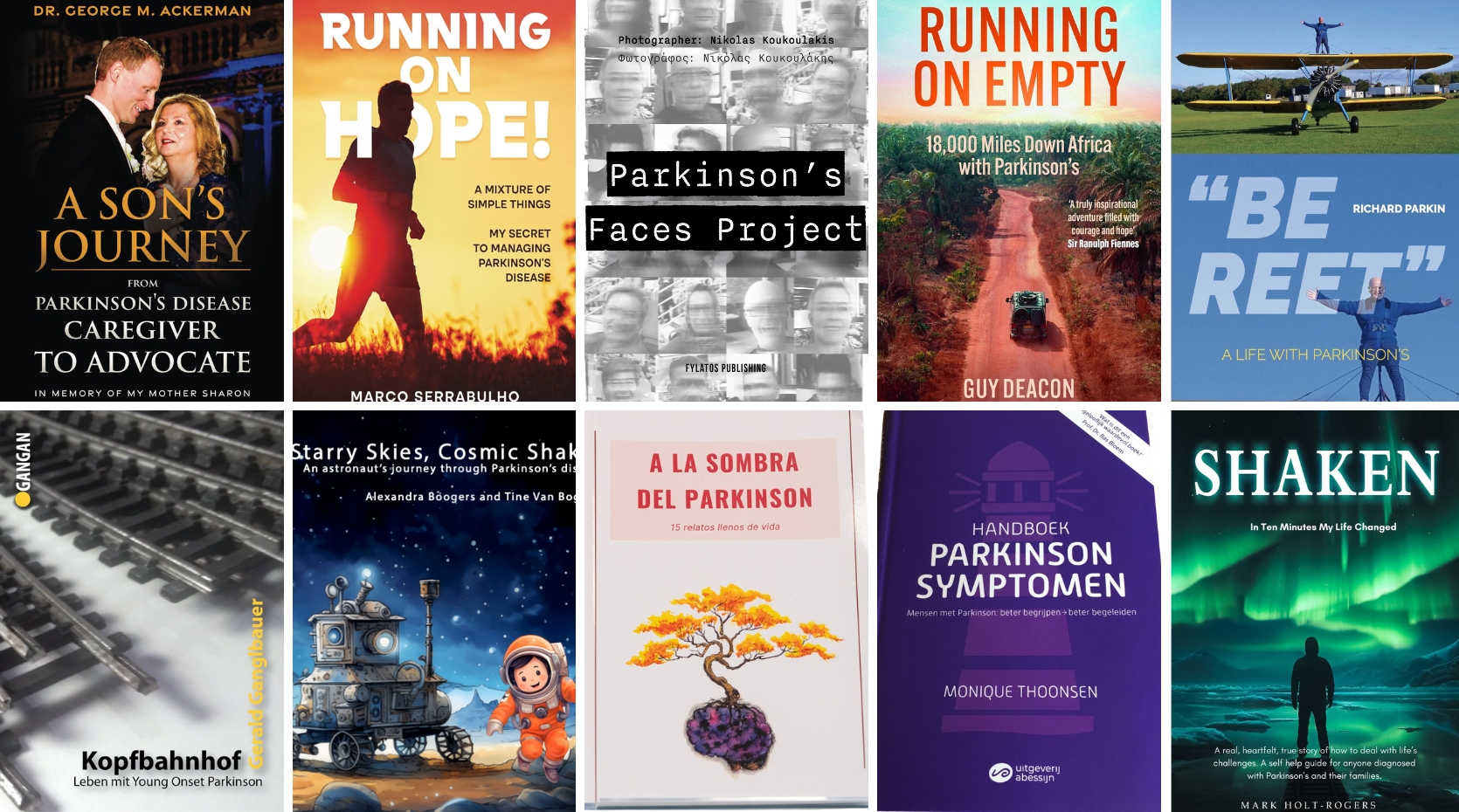 A collage of covers showing new Parkinson's books for 2024