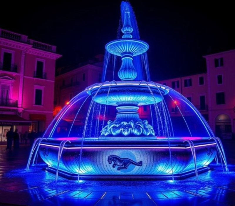 A photo of a World Parkinson's Day event showing a fountain in Rome, Italy lit up in blue for Spark the Night