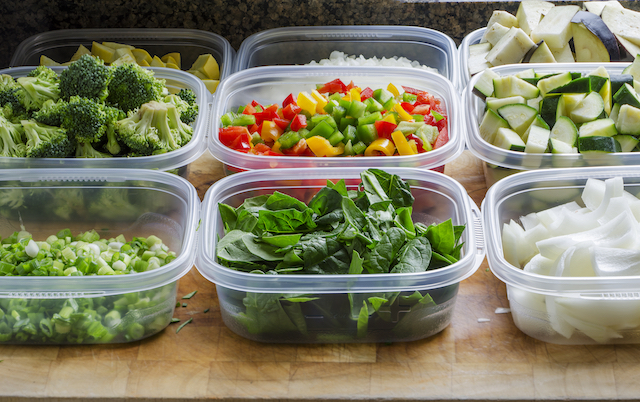 chopped vegetables in plastic containers