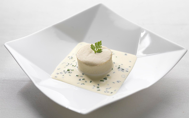 Martin Wishart Scallop mousse with leek and chervil butter sauce 