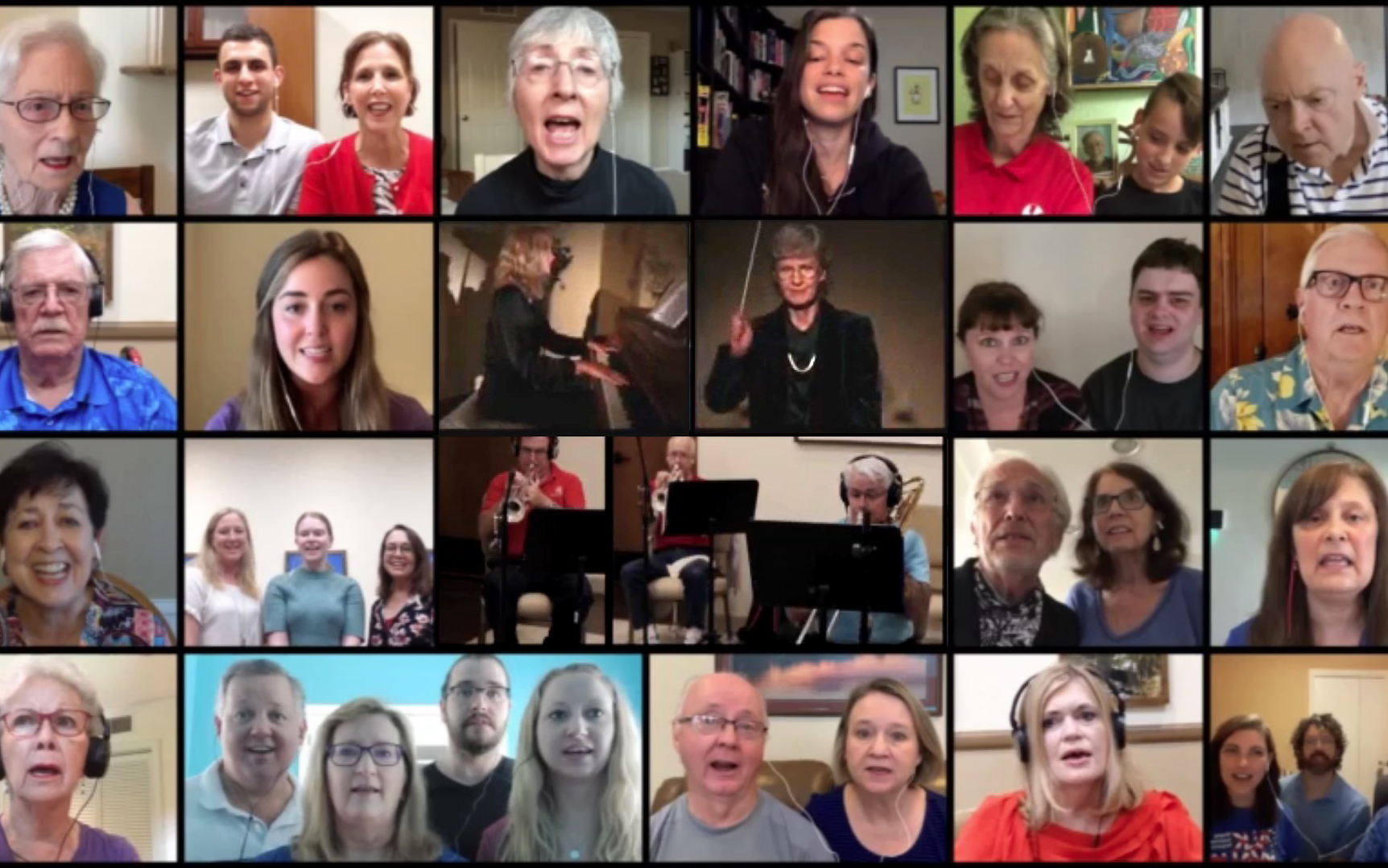 A screenshot of many people singing together virtually on screen.