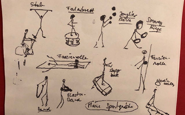 A drawing of Ingrid's home training tools