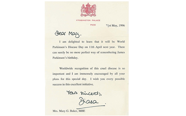 a letter from Princess Diana to Parkinson's Europe