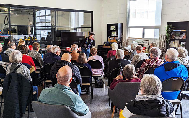 Barbara Salsberg Mathews teaching a mime workshop to people with Parkinson's