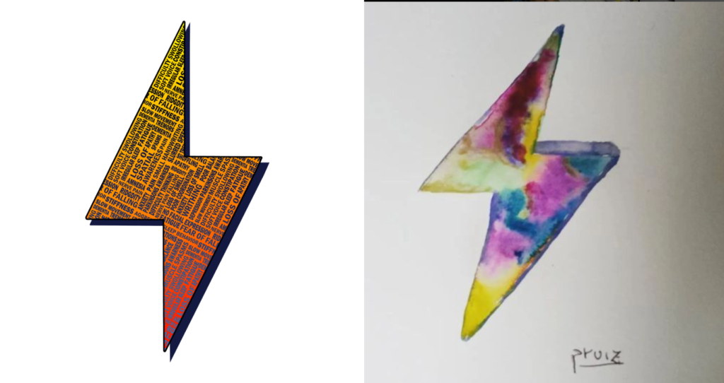 Left: Steve Williams' winning "symptoms of Parkinson's" entry. Right: Paqui Ruiz' winning rainbow watercolour entry
