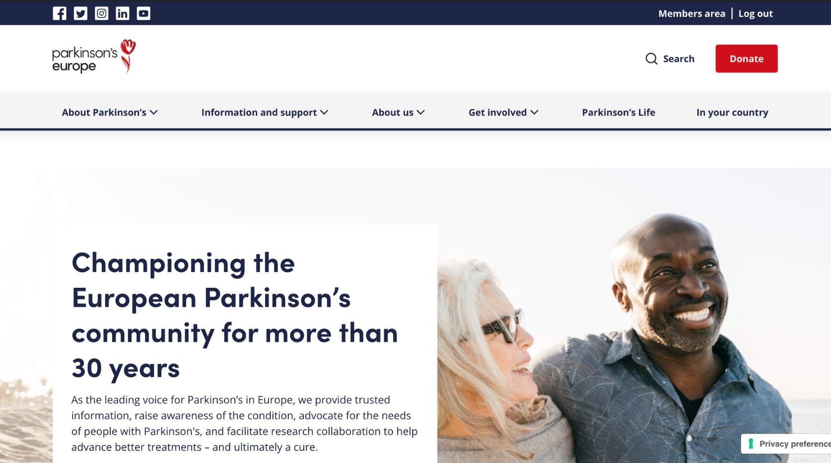 A screenshot of the Parkinson's Europe homepage