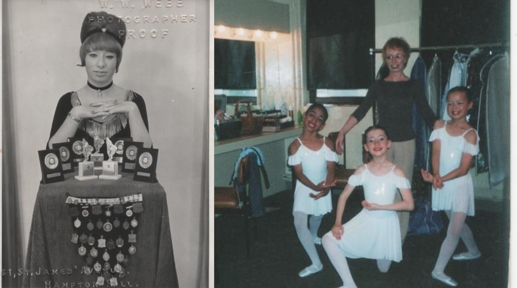 On the left: Jackie with her dance awards; on the right: Jackie with her classical ballet pupils