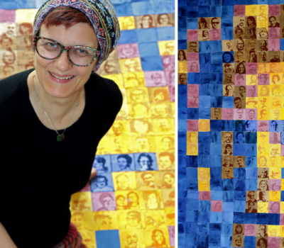 Germany artist May Evers with her finished Parkinson's quilt