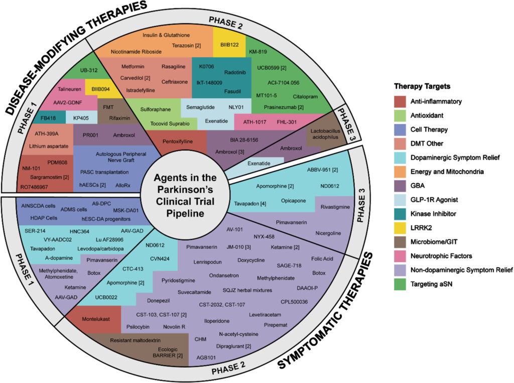 A pie chart showing all the drugs currently undergoing Parkinson's research trials