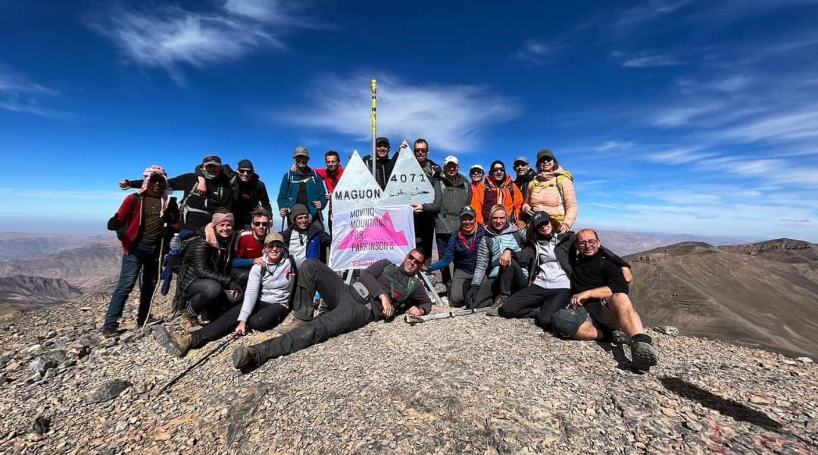 A photo of the Parkili team 2021 expedition at the top of the the M'Goun in the Atlas Mountains