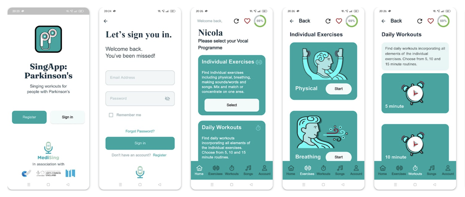 MediSing SingApp:Parkinson's app home page image